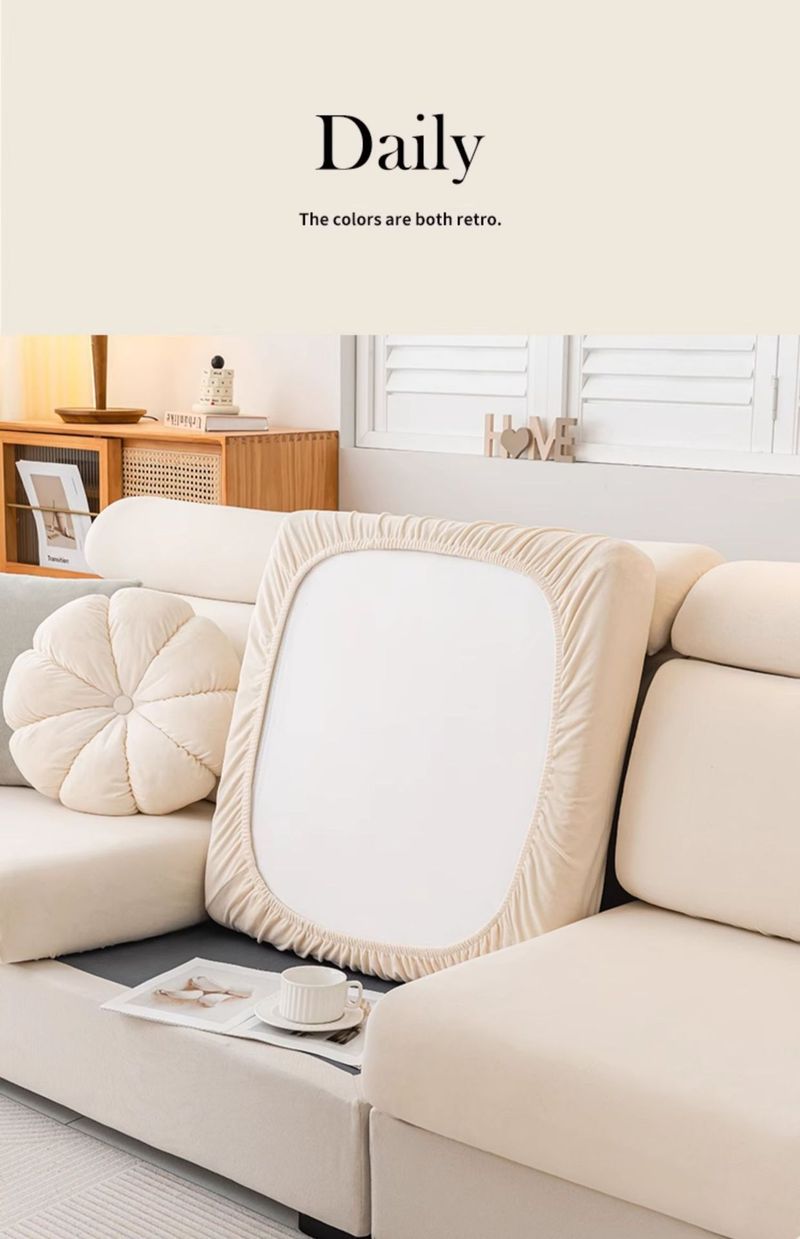 Cream Stretch Sofa Cover - New Design, Full Elastic & Anti-Slip For All Seasons (Universal Fit, Couch Protector)_voghion.com