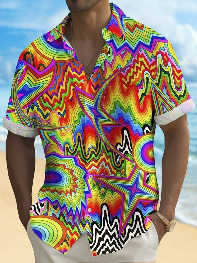 Herrkläder 2024 sommar kortärmad skjorta med knappar Mode herrskjorta 3D Digital Casual Randig Cardigan Partihandel_voghion.com