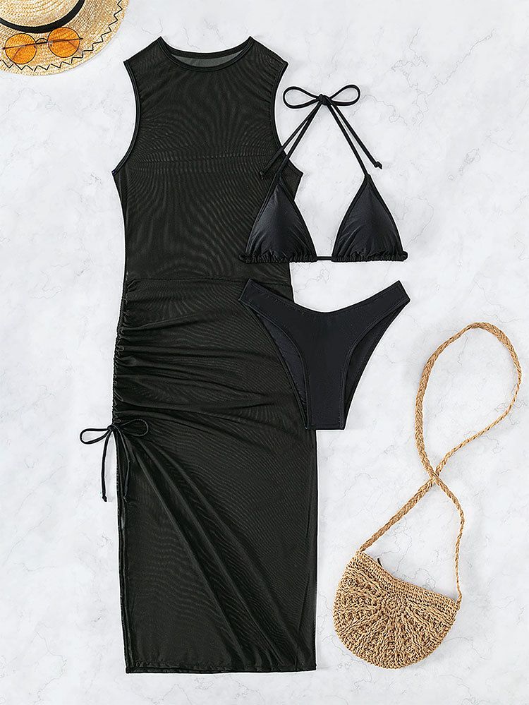Women's 3-Piece Sexy Bikini Set - Lace Blouse & High Waist Swimwear For Beach Vacation_voghion.com
