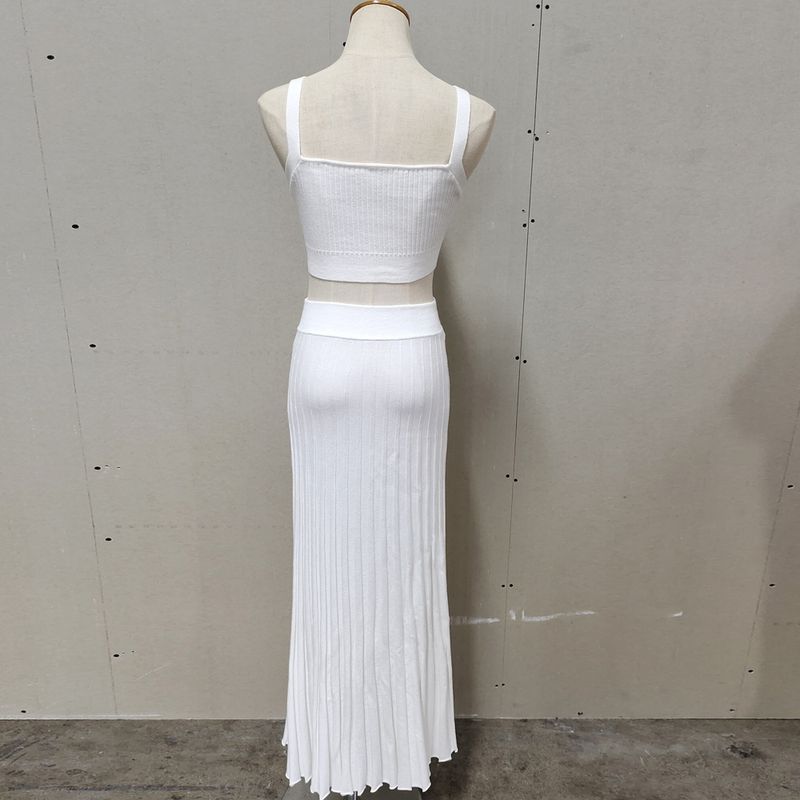 Summer Knitted Tank Top+Half Women's Elegant Sleeveless Short Top Pleated Skirt Set_voghion.com