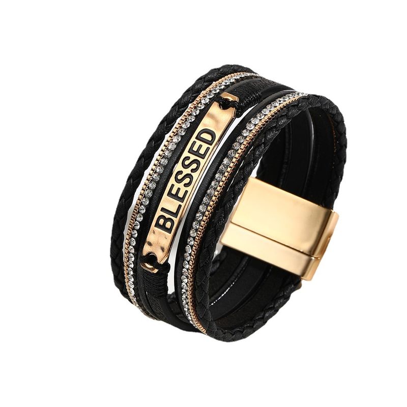 Bracelet tissé unisexe en cuir PU de style ethnique, multicouches, strass_voghion.com