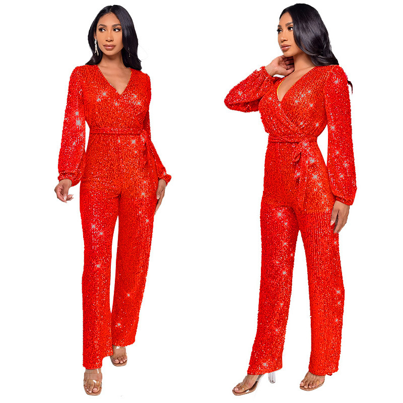 Damkläder Ins Style Deep V Mode Casual Jumpsuit Långärmat Bälte Paljett Jumpsuit Dam_voghion.com
