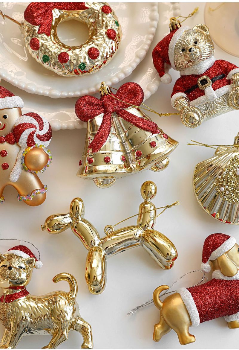 Glitzernde Hängeornamente aus Kunststoff – Cartoon-Tiere & festliche Formen (Bär, Katze, Kranz, Glocke, Ballonhund, Muschel, Kettenbeutel)_voghion.com