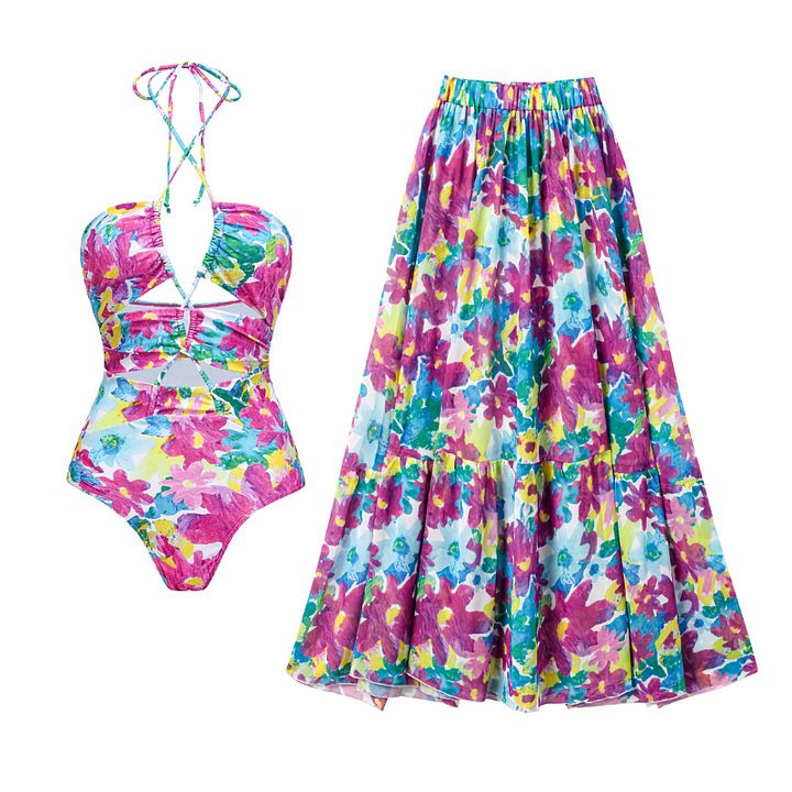 Maillot de bain une pièce pour femme, ensemble maillot de bain une pièce à imprimé ajouré, col licou et jupe parapluie_voghion.com