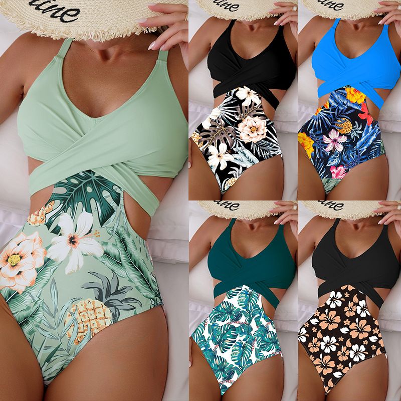 2026 New Cross-Border European And American Print Hollow Lace-Up Sexy One-Piece Bikini Swimsuit For Women_voghion.com