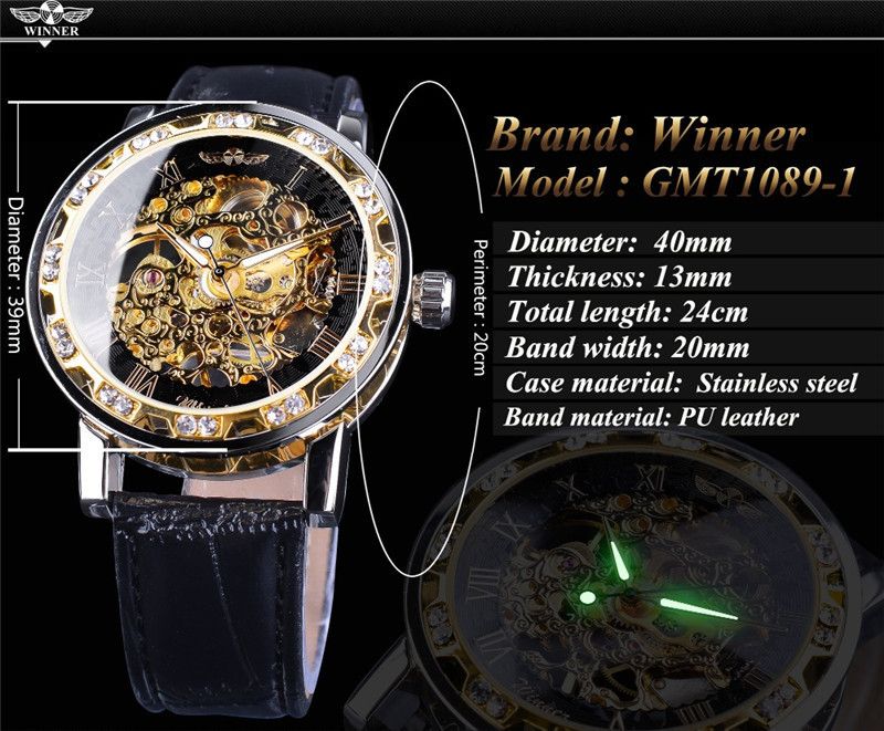 Men's Fashion Skeleton Mechanical Watch With Rhinestones - Hand-Winding Luxury Timepiece, 40mm Leather Strap, Stainless Steel Buckle_voghion.com