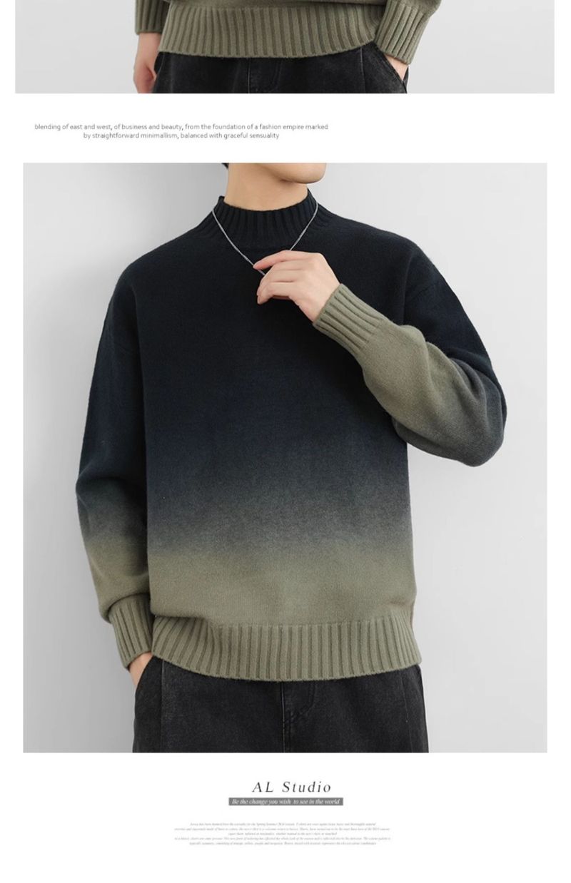 Herren-Strickpullover mit Ombré-Muster – Halbrollkragen, lockere Passform, Stretch-Polyestermischung (Armeegrün/Blaugrau/Beige/Dunkelgrün/Chinarot)_voghion.com