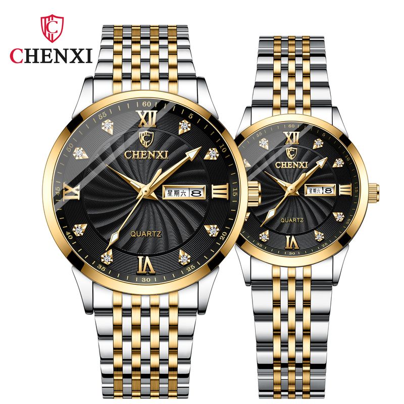 Montre-bracelet à quartz Chenxi pour homme et femme, avec double calendrier et bracelet en acier et diamants_voghion.com