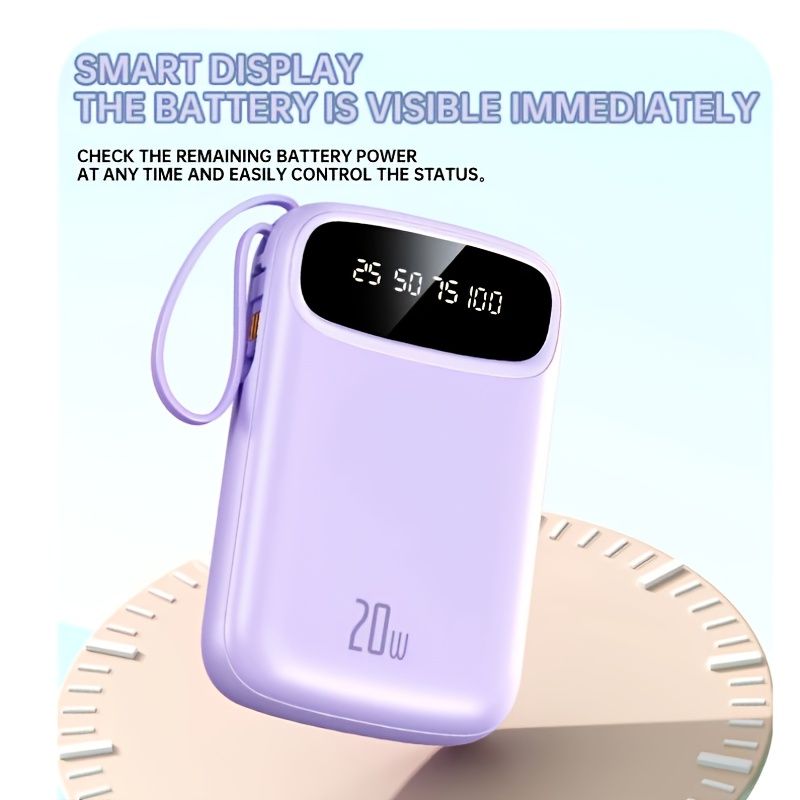 Power bank portatile da 20000 mAh con 4 cavi integrati, ricarica rapida da 20 W, display intelligente, porte USB-C e Type-C_voghion.com