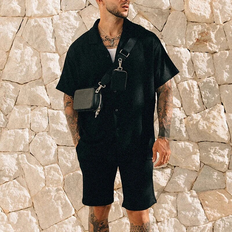 Camicie con risvolto vintage a maniche corte Camicie da uomo in due pezzi stile spiaggia estivo Camicie e pantaloncini in tinta unita adatti agli uomini_voghion.com