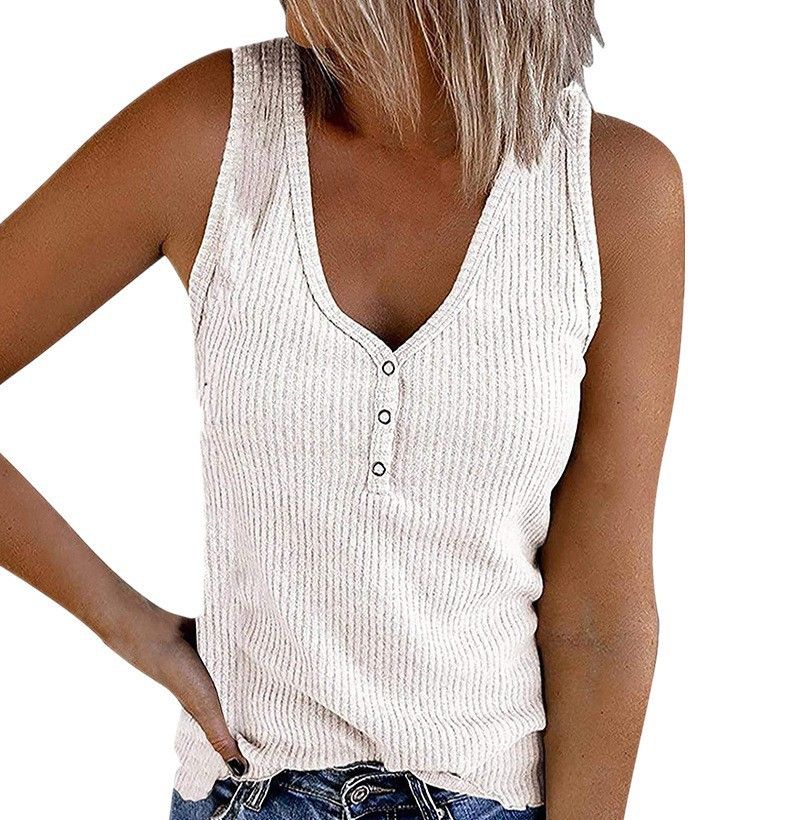 2025 New Women's Button Vest Solid Color V-neck Sleeveless T-shirt Top Creative Creation_voghion.com