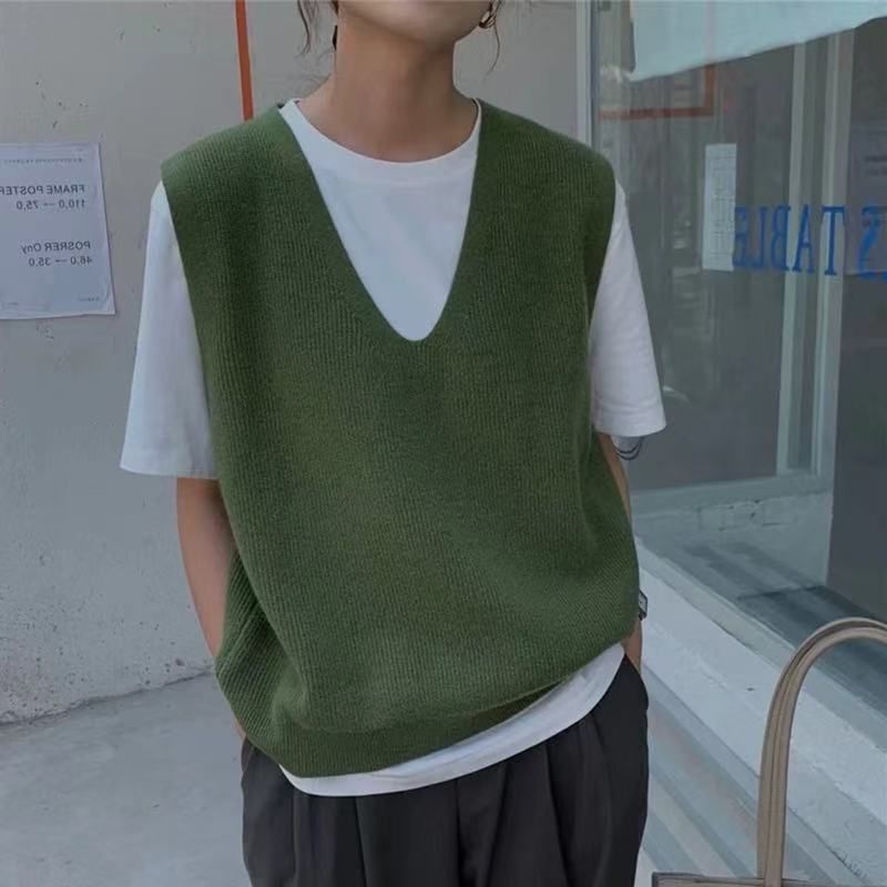 Gestreifter Strickpullover mit V-Ausschnitt für Damen, einfarbig, ärmellos, Weste für Damen_voghion.com