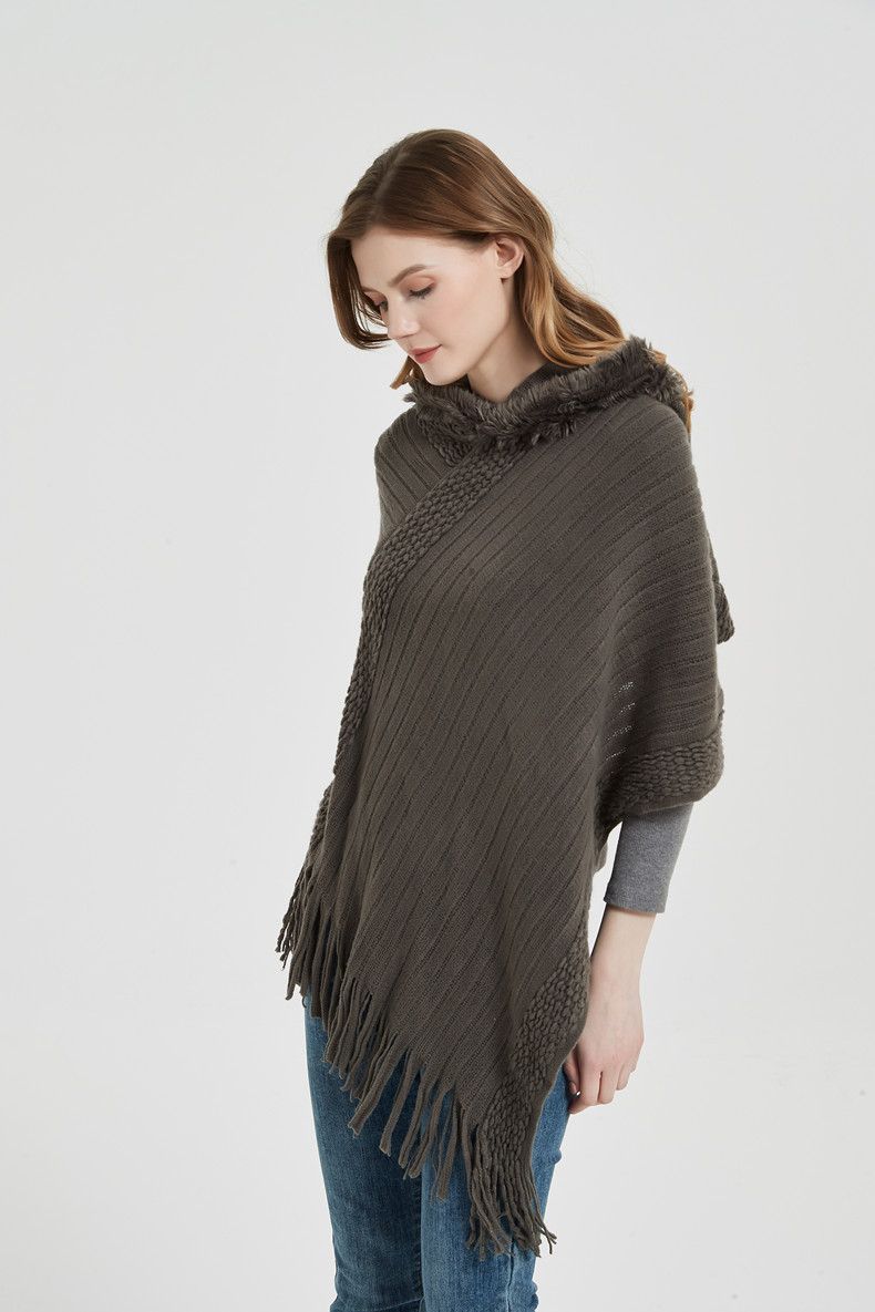 European and American shawl women's spring, autumn and winter new solid color striped tassel hooded cape_voghion.com