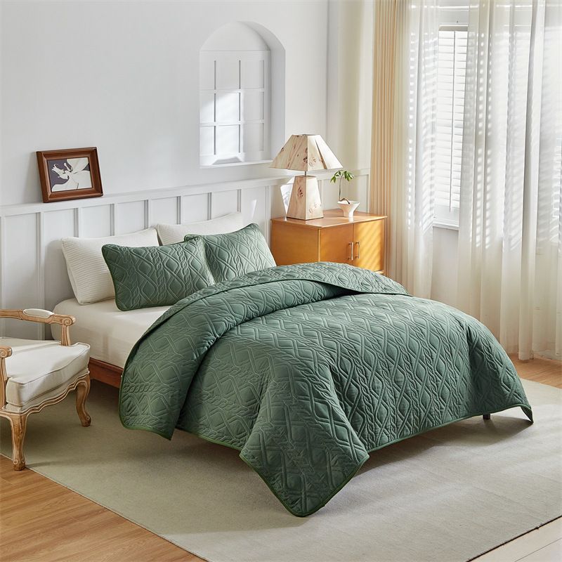 Modern Minimalist Diamond Quilted Bedding Set In Solid Colors - Light Grey, Beige, Green - Sizes 173x229cm To 264x229cm_voghion.com