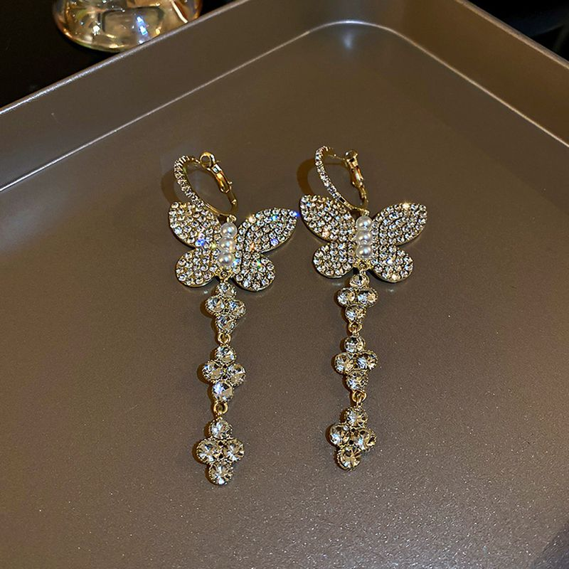 Yamaler 1 paio di ganci da donna, squisite perle d'imitazione, brillanti, con strass, a forma di farfalle, orecchini pendenti, gioielli femminili_voghion.com