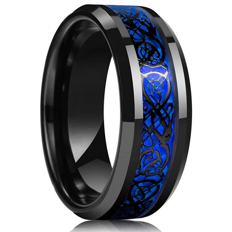 Vendite calde Moda 8mm Nero Tungsteno Nozze Celtico Drago Intarsiato Zircone Anelli In Acciaio Inossidabile per Uomo Anello Blu Fibra di Carbonio_voghion.com