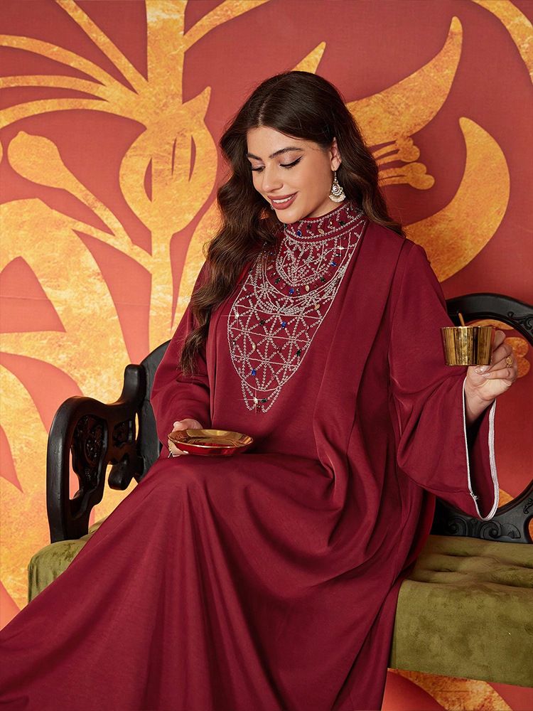 Vestido Abaya muçulmano elegante com bordado de miçangas – Vestido longo e modesto para mulheres, vestido longo evasê plus size, vestido formal com decote em V para noite_voghion.com