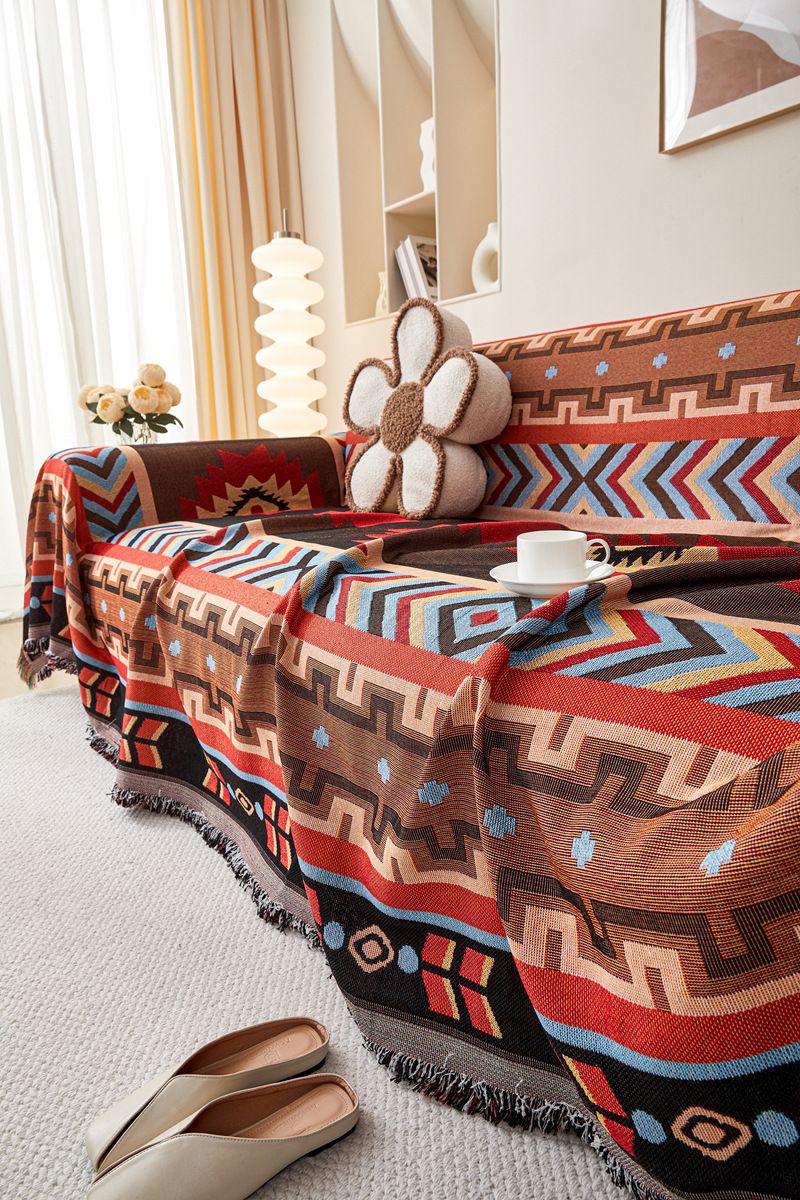 American Style Ethnic Floral Sofa Cover Throw Blanket - Thick Cotton Polyester Fabric For 3-Seater Couch - Geometric Patterns In Multiple Sizes_voghion.com