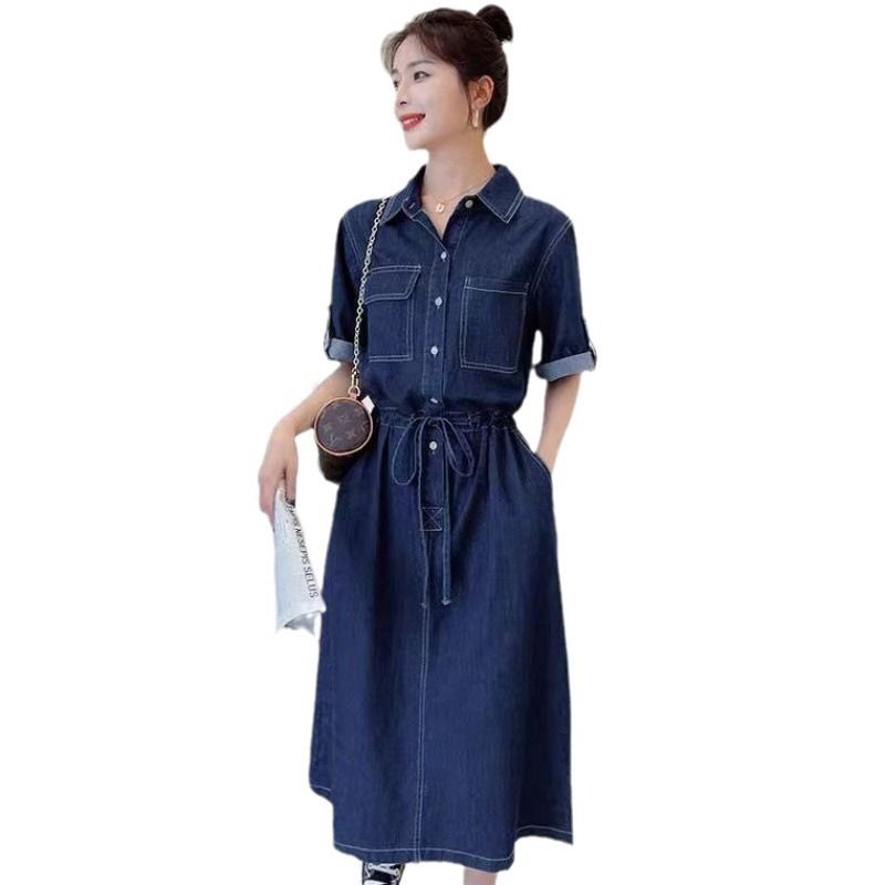 Vestido vaquero de talla grande para mujer, largo medio, cintura holgada y falda informal, primavera/verano._voghion.com