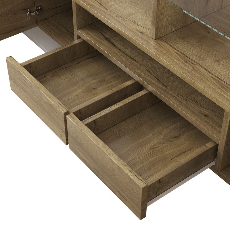 Meuble TV moderne, buffet bas blanc brillant de 145 cm avec éclairage LED, surface en verre élégante, mobilier de salon contemporain_voghion.com