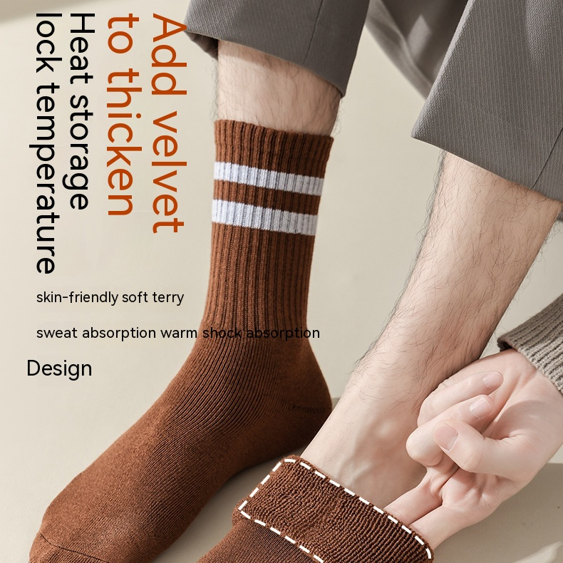 Autumn and Winter Two Bar Mid Length Socks, Winter Style Plush and Thickened Warm Towel Socks_voghion.com