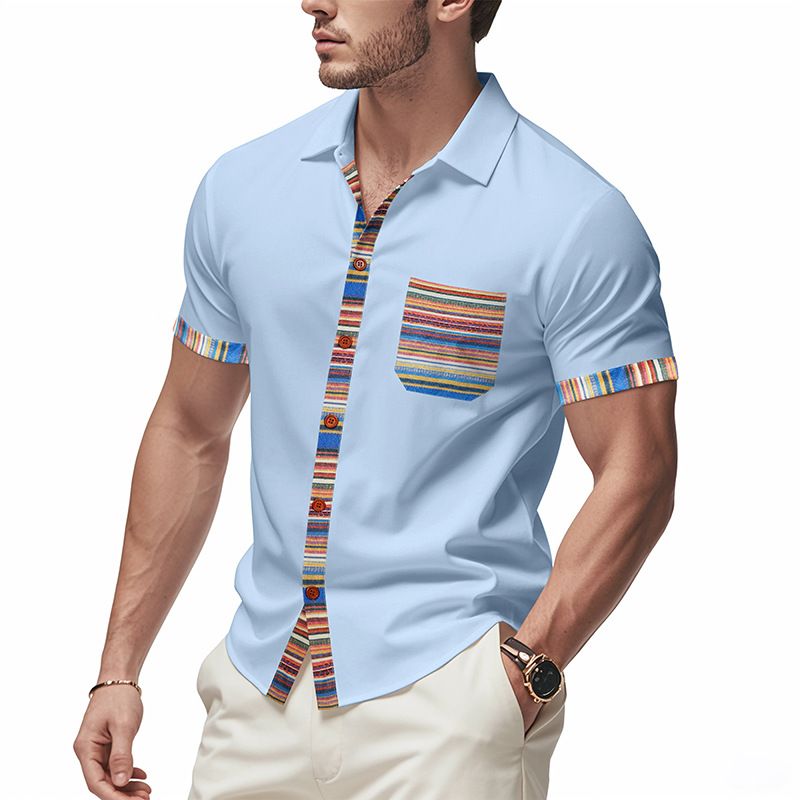 Men's Clothing TK New Summer Men's Loose Casual Light Luxury Bohemian Style Contrast Color Shirt Short Sleeved Cardigan_voghion.com