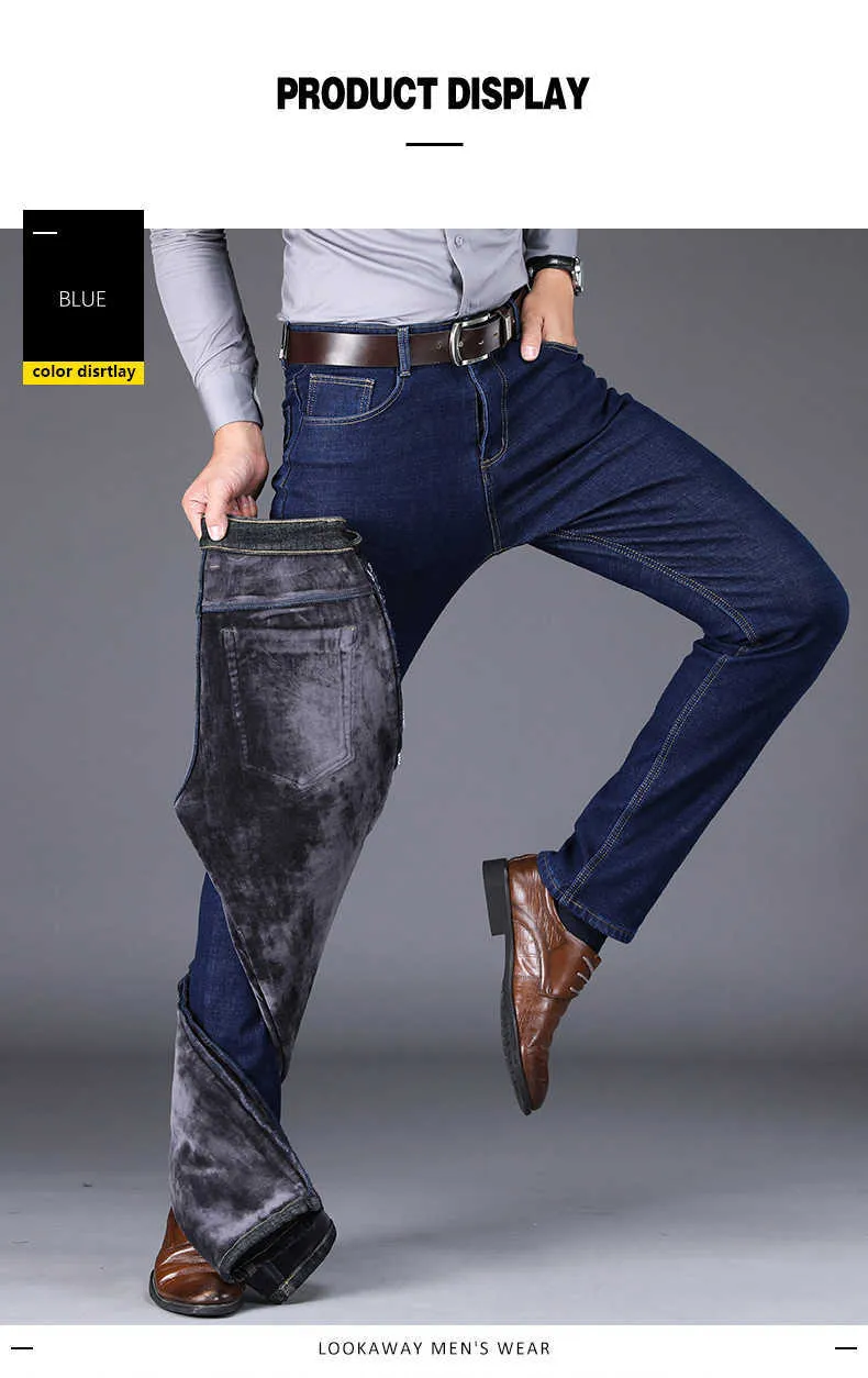 2022 Winter Neue Herren Fleece Warme Jeans Klassischer Stil Business Casual Verdicken Regular Fit Denim Hose Schwarz Blau Marke_voghion.com
