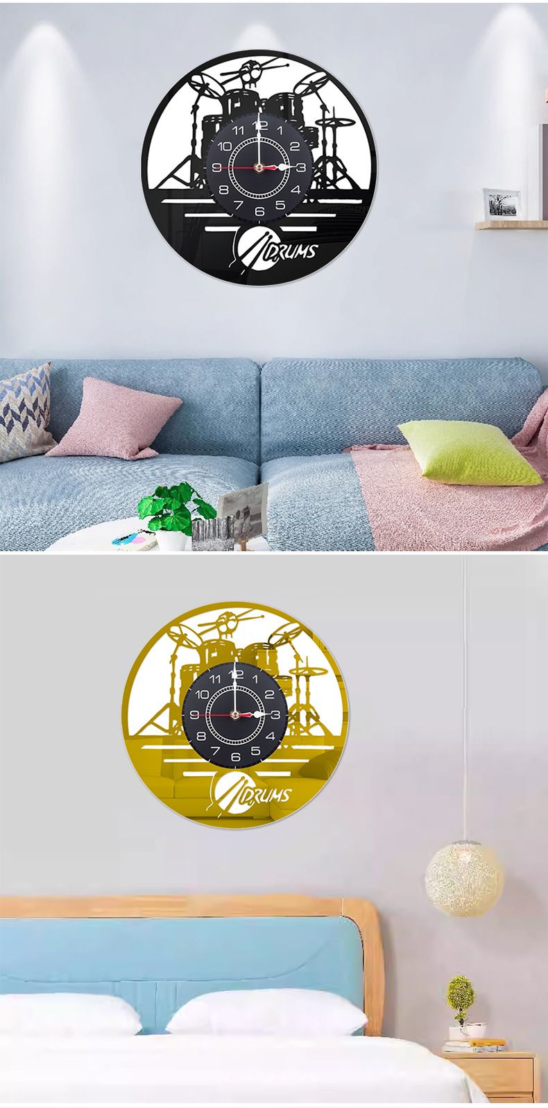 Black rubber acrylic drum stand living children's room, wall mounted clock, silent clock_voghion.com