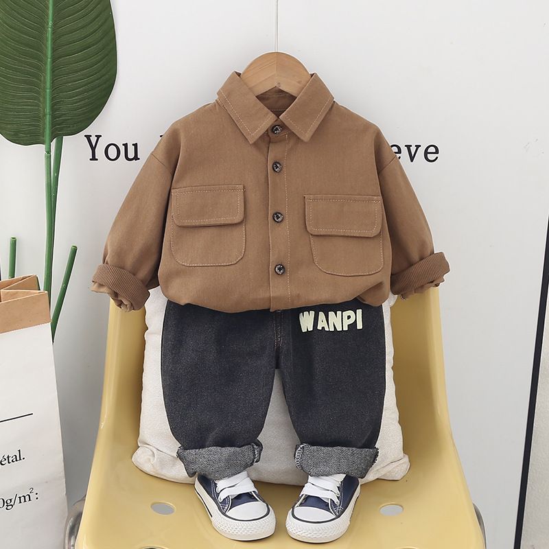Abbigliamento per bambini primavera autunno 2025, edizione coreana, camicia casual a maniche lunghe, jeans, set da due pezzi, bello e_voghion.com