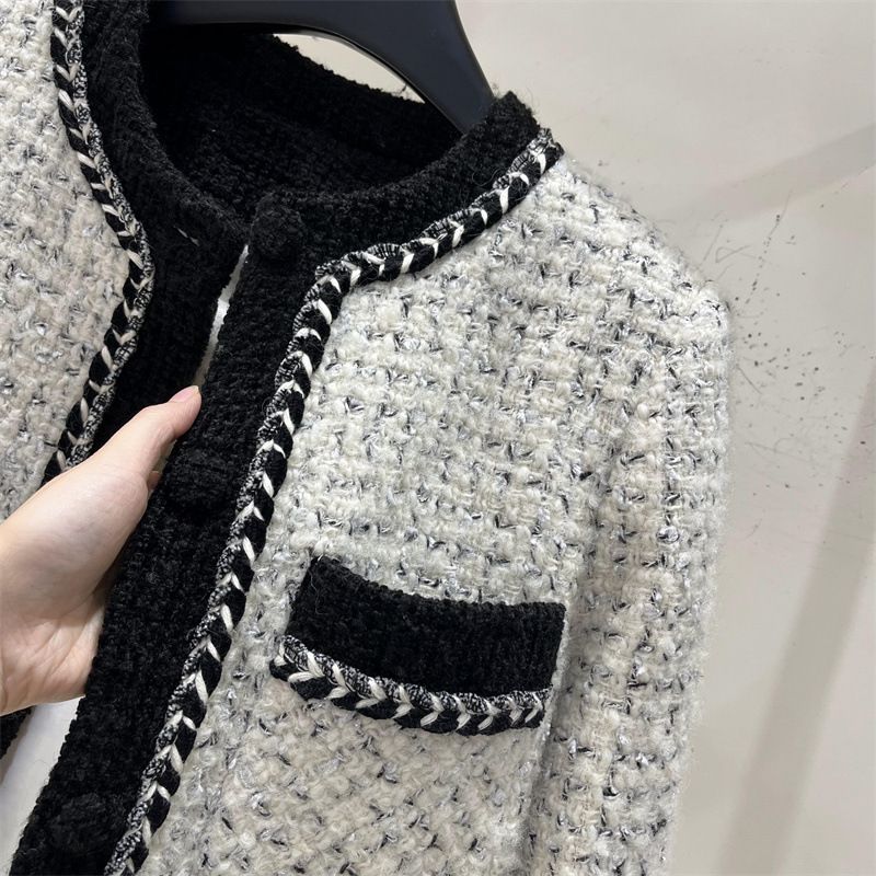 Elegant Tweed Down Coat For Women - Winter Long Puffer Jacket With Contrast Collar, Thickened White Duck Down Lining, French Style Petite Outerwear_voghion.com