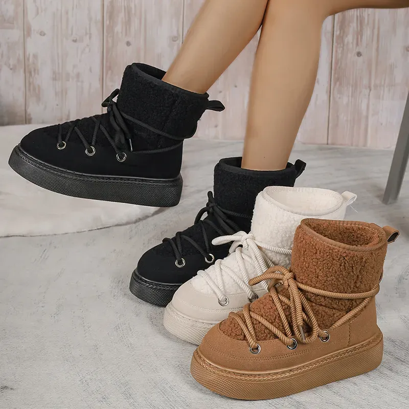 Scarpe da sci invernali da donna in pelle scamosciata con lacci, calde e imbottite, per il tempo libero, in lana sintetica, con plateau, 2024_voghion.com