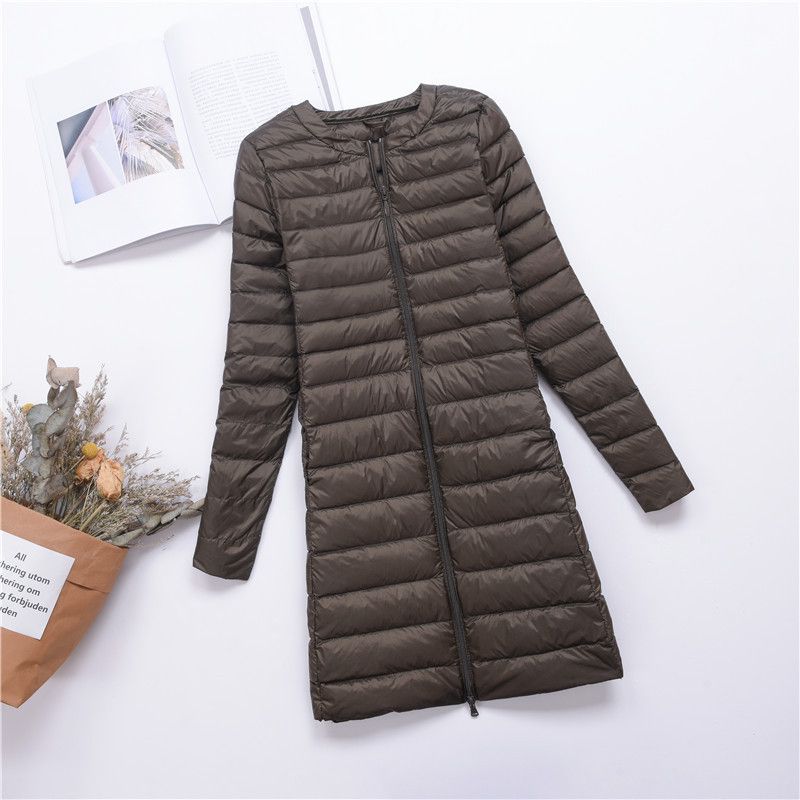 Doudoune longue légère pour femme avec fermeture à boutons-pression, coupe ajustée, col rond, doublure chaude en plumes de canard, manteau mi-long tendance_voghion.com