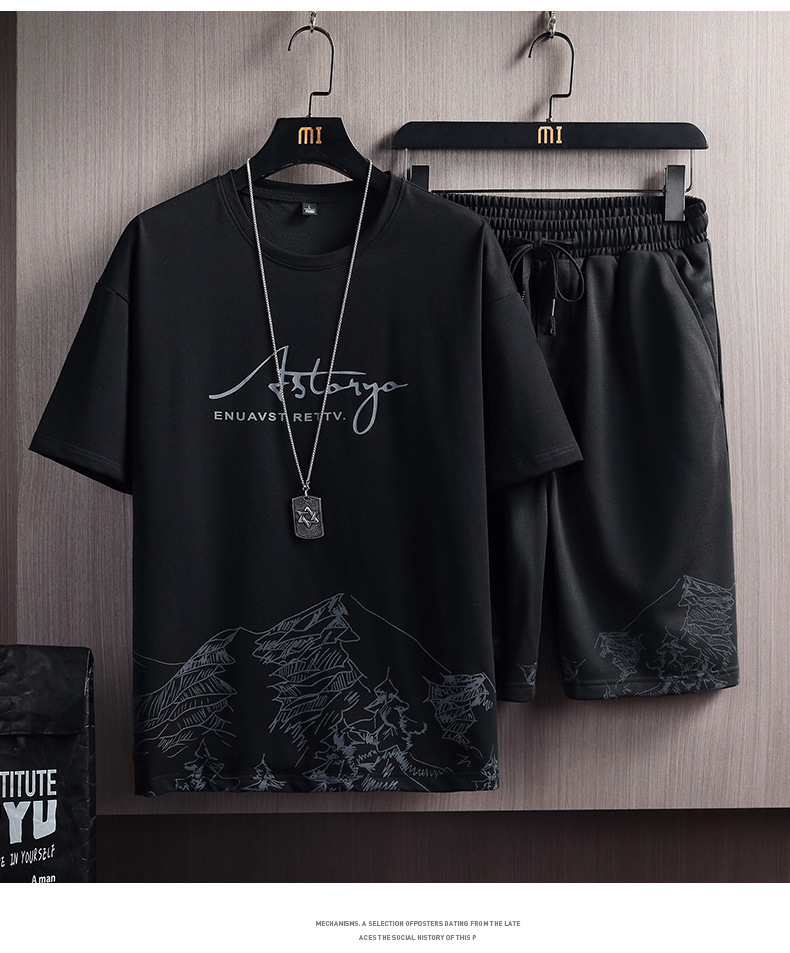 Men's Clothing T-shirt Suit Men's Summer New Snow Mountain Print Fashion Trend Korean Version Of Slim Fit Large Size Sports Two-piece Set_voghion.com