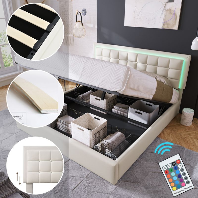 Lit double 140 x 200 cm avec sommier à lattes et rangements, avec bande lumineuse LED, cadre de lit rembourré en similicuir blanc._voghion.com