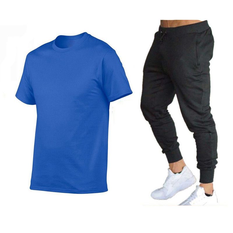 Vêtements d'été pour hommes, costume simple de couleur unie, T-shirt + pantalon en coton à col rond, ensemble deux pièces à la mode et polyvalent_voghion.com