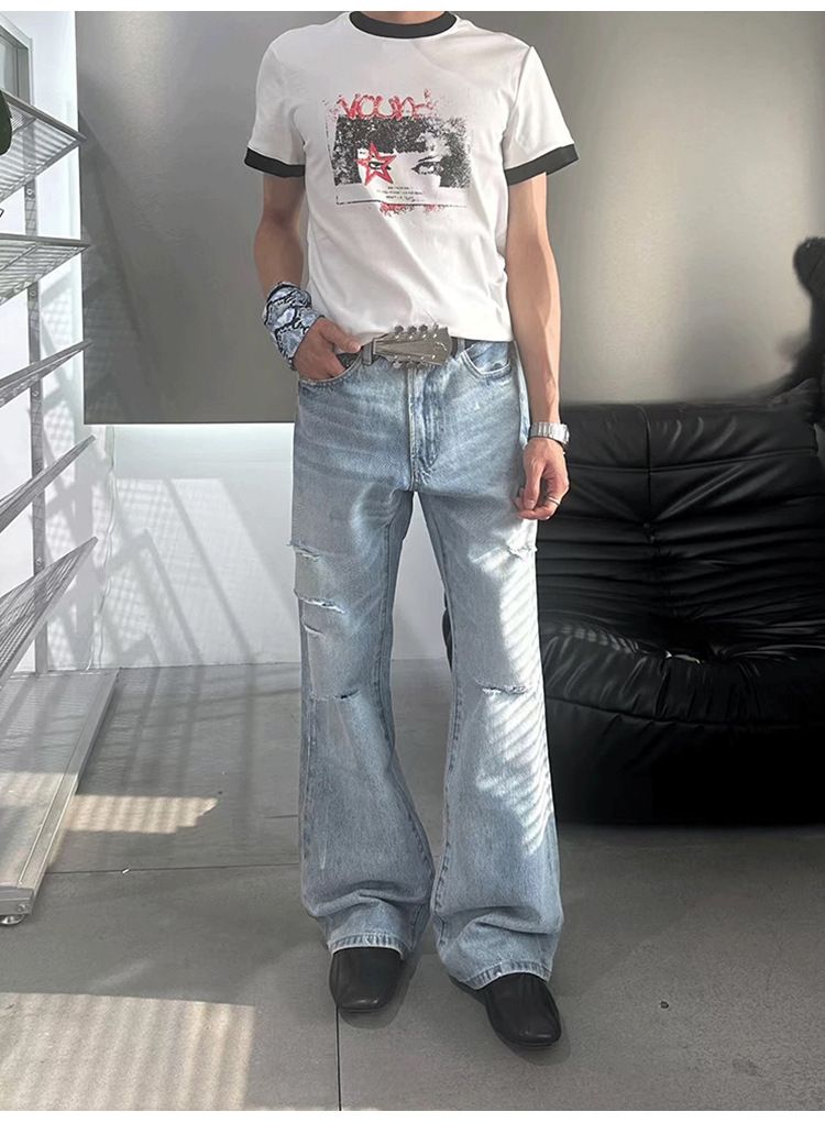 Handgebürstete, silberfarben verwaschene Distressed-Zerrissene Jeans – Cleanfit Straight Leg Bootcut mit Whiskering_voghion.com