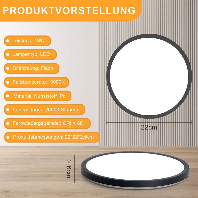 Glitzerlife LED Deckenlampe Deckenleuchte Modern - 3000K Badezimmerlampe Decke 18W Flurlampe Rund Ø22CM Badlampe Für Wohnzimmer Schlafzimmer Küche_voghion.com