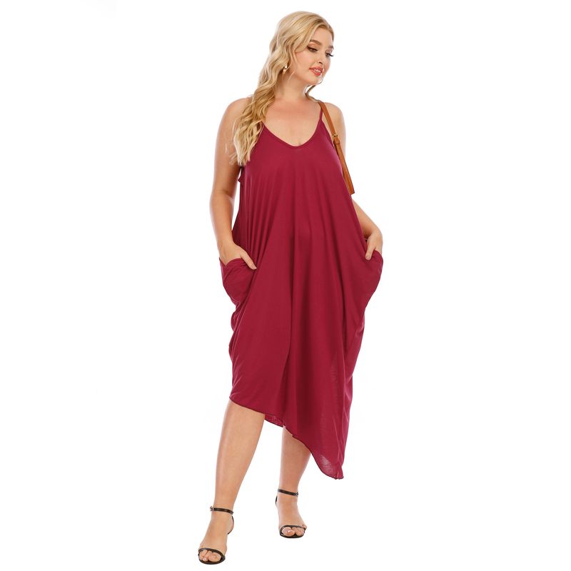 Sieviešu lielizmēra V kleita ar siksnu ar kakla siksnu, neregulāra brīva kabatas kleita_voghion.com