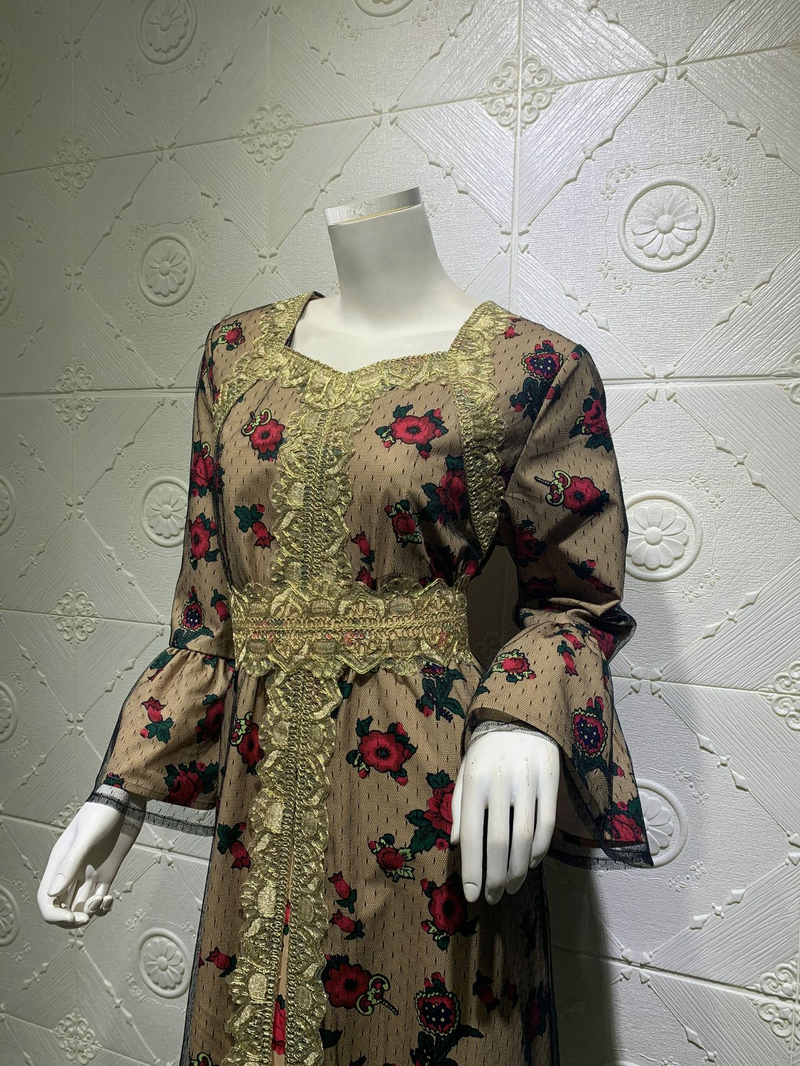 Damkläder tryck broderi spets mesh klänning dubai muslimska muslimska kvinnor_voghion.com