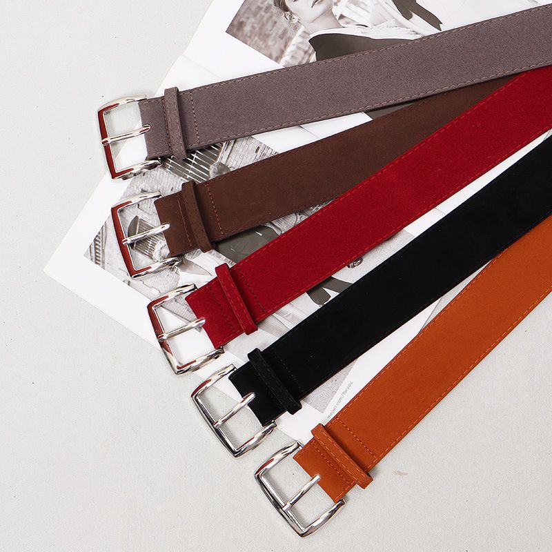 Minimalist High-End Row Basic Classic Square Suede Neutral Wide Deerskin Silver Buckle Versatile Women's Belt_voghion.com