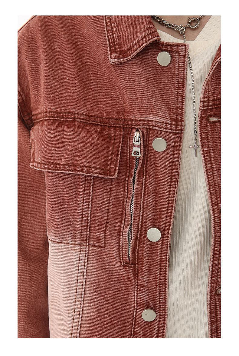 Herretøj | Efterårsnyt Retro Distressed Brick Red Denim Jakke Spliced Buksedragt_voghion.com