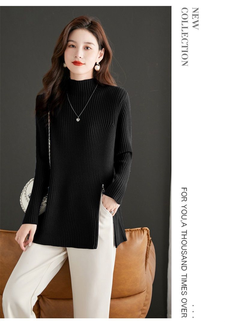 【 Família Cashmere 】 Suéter de gola alta semi-alta de outono de médio a longo com base de lã para mulheres, camada interna de malha solta e grossa_voghion.com