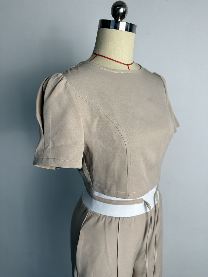 Vêtements pour femmes printemps et été nouveau style col rond manches bouffantes haut à lacets pantalon large costume décontracté_voghion.com