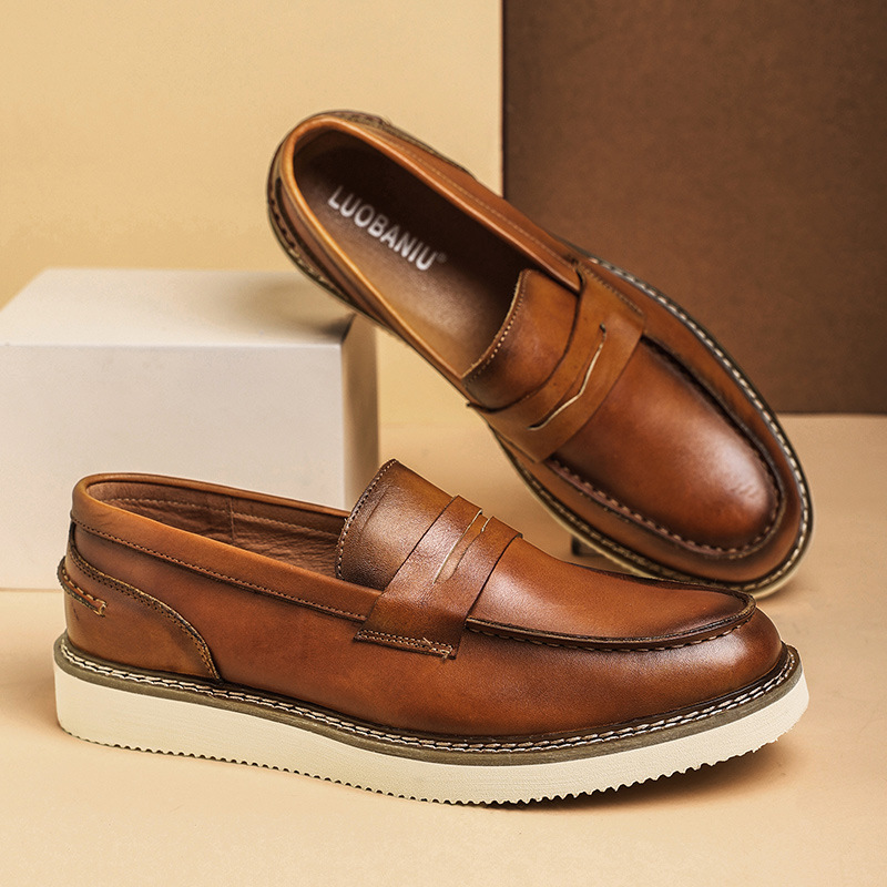 Herren-Loafer, atmungsaktiv, Oberschicht aus Rindsleder, Business, runde Zehenpartie, dicke Sohle, lässig, rutschfest, Segelschuhe_voghion.com