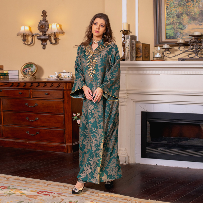 Women's Clothing Muslim Evening Gown Jacquard Embroidery Dress Beading Fashion Kaftan Arabian Dubai Robe_voghion.com