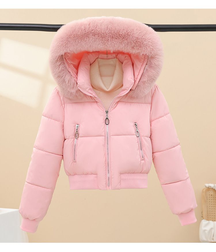 Dicke, kurze Pufferjacke für Damen mit Kunstpelzkapuze – warmer Wintermantel, schmale Passform, Taillenbetonung, Polyester-Außenmaterial, Kaninchenfellbesatz, lässige Oberbekleidung_voghion.com