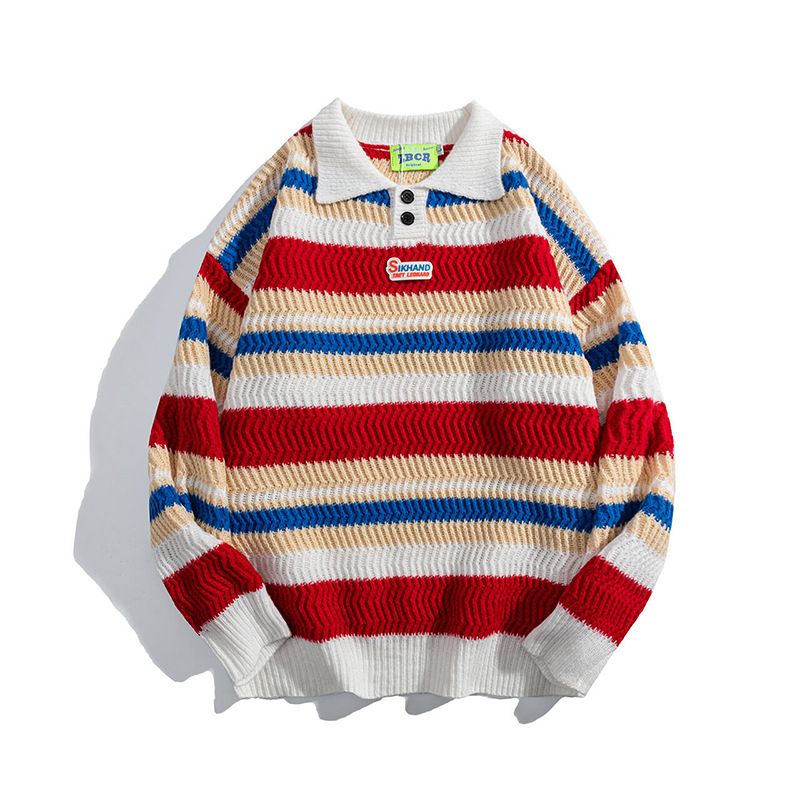 Pull oversize en tricot à rayures arc-en-ciel, col polo, unisexe, style décontracté, pour couple, automne-hiver, nouveauté_voghion.com