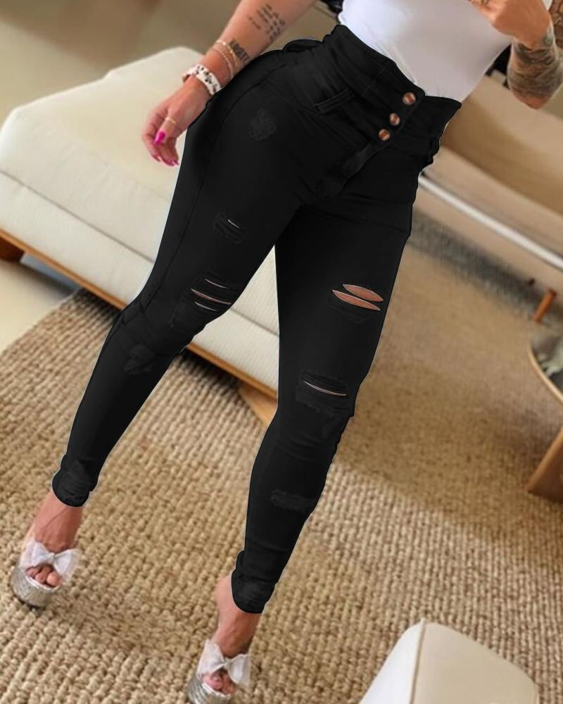 Women's Fashion High-waisted Ripped Skinny Denim Pants_voghion.com