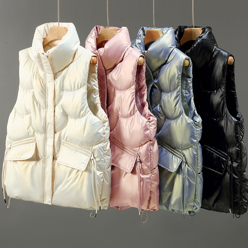 Womens Sleeveless Warm Puffer Vest Outerwear Stand Collar Zipper Up Shiny Solid Padded Gilet Waistcoat with Pockets D10_voghion.com
