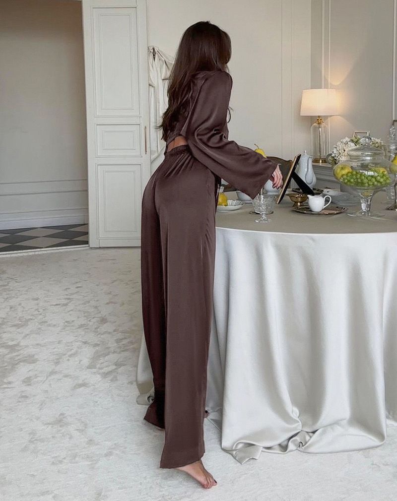 2025 Sommerpyjamas Satin Krawatte Ärmel Lange Hosen Cool Homewear Für Frauen Komfortable Pamas_voghion.com